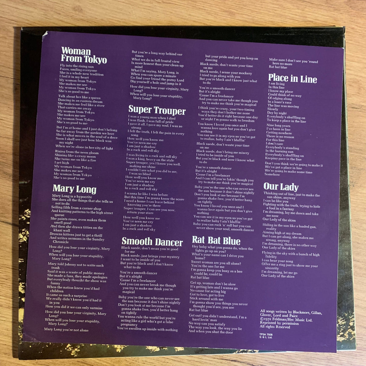 Deep Purple Who Do We Think We Are, insert violet avec paroles