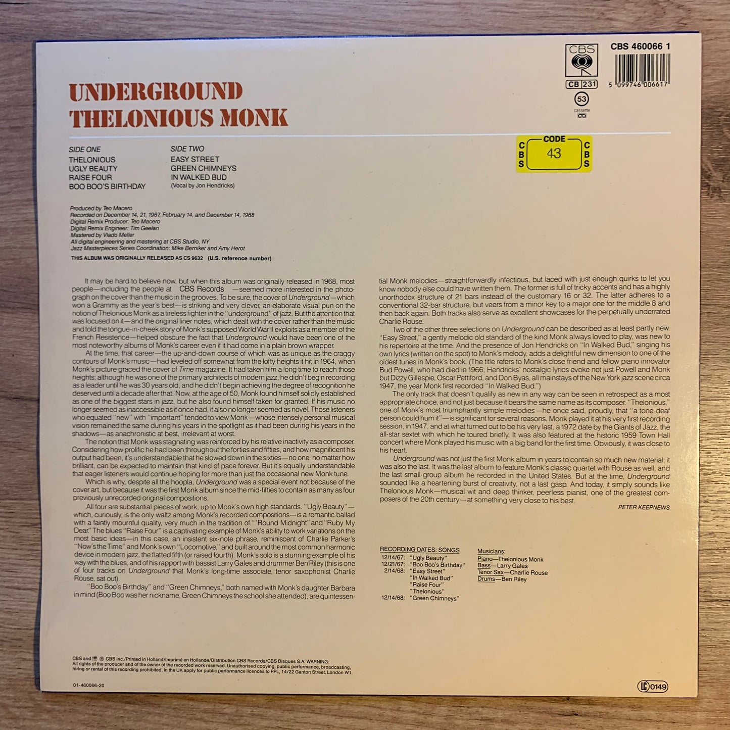 THELONIOUS MONK - UNDERGROUND...RE EU 1987...EX/EX