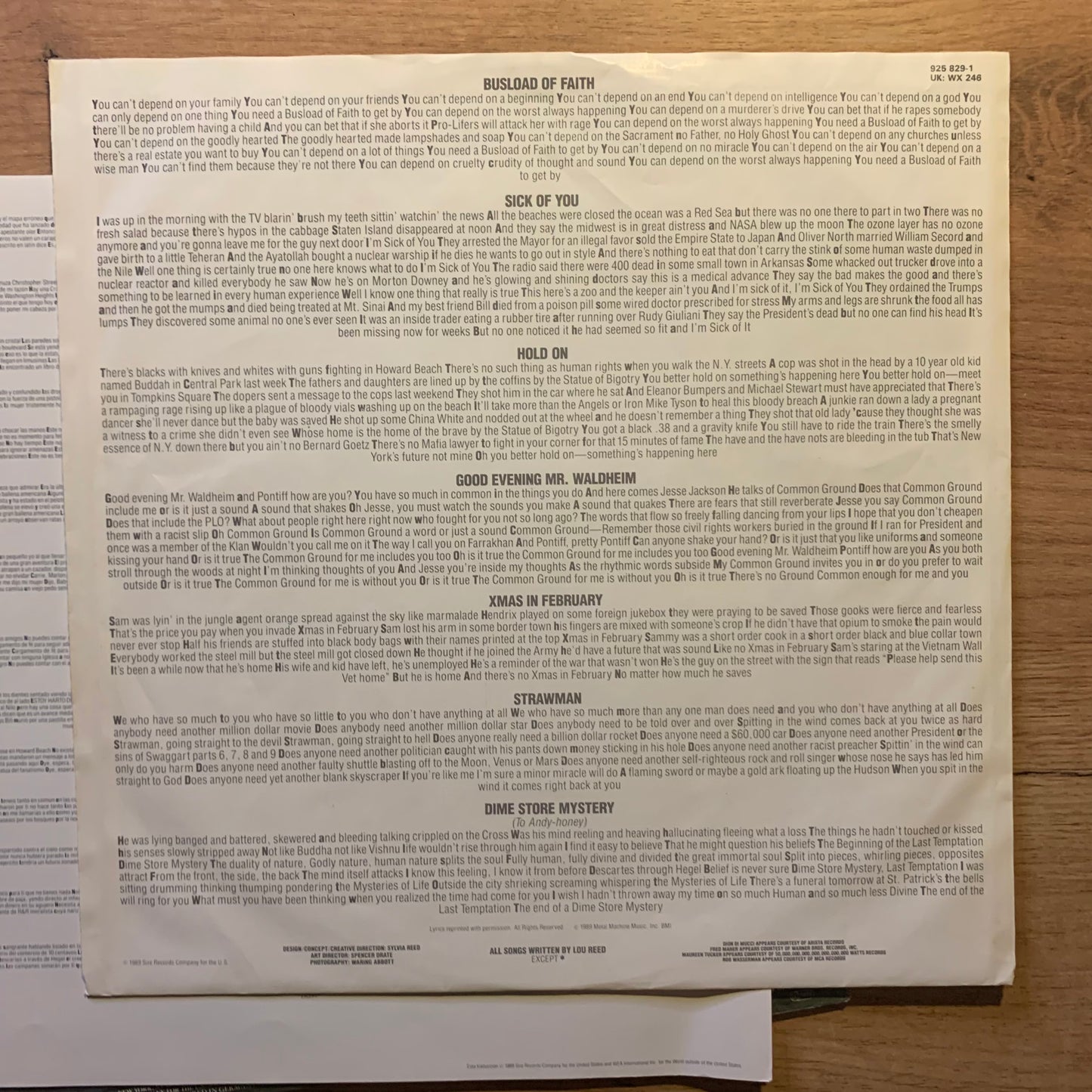 Lou Reed - New York - Inner sleeve paroles