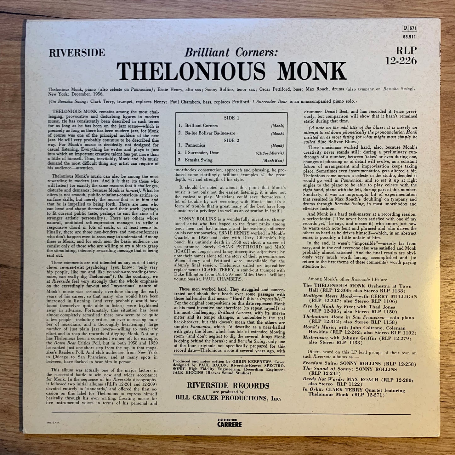 THELONIOUS MONK - BRILLIANT CORNERS...RE FR 1976...EX/EX