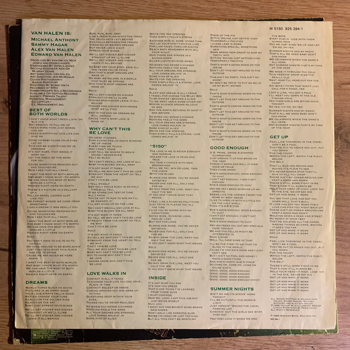 Van Halen 5150 - sous-pochette paroles