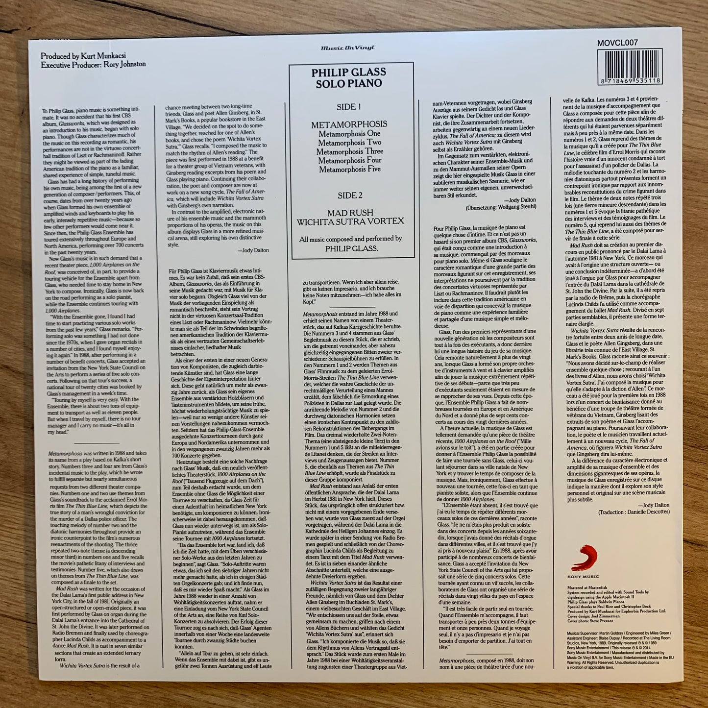 PHILIP GLASS - SOLO PIANO...RE EU 2014...EX/VG++