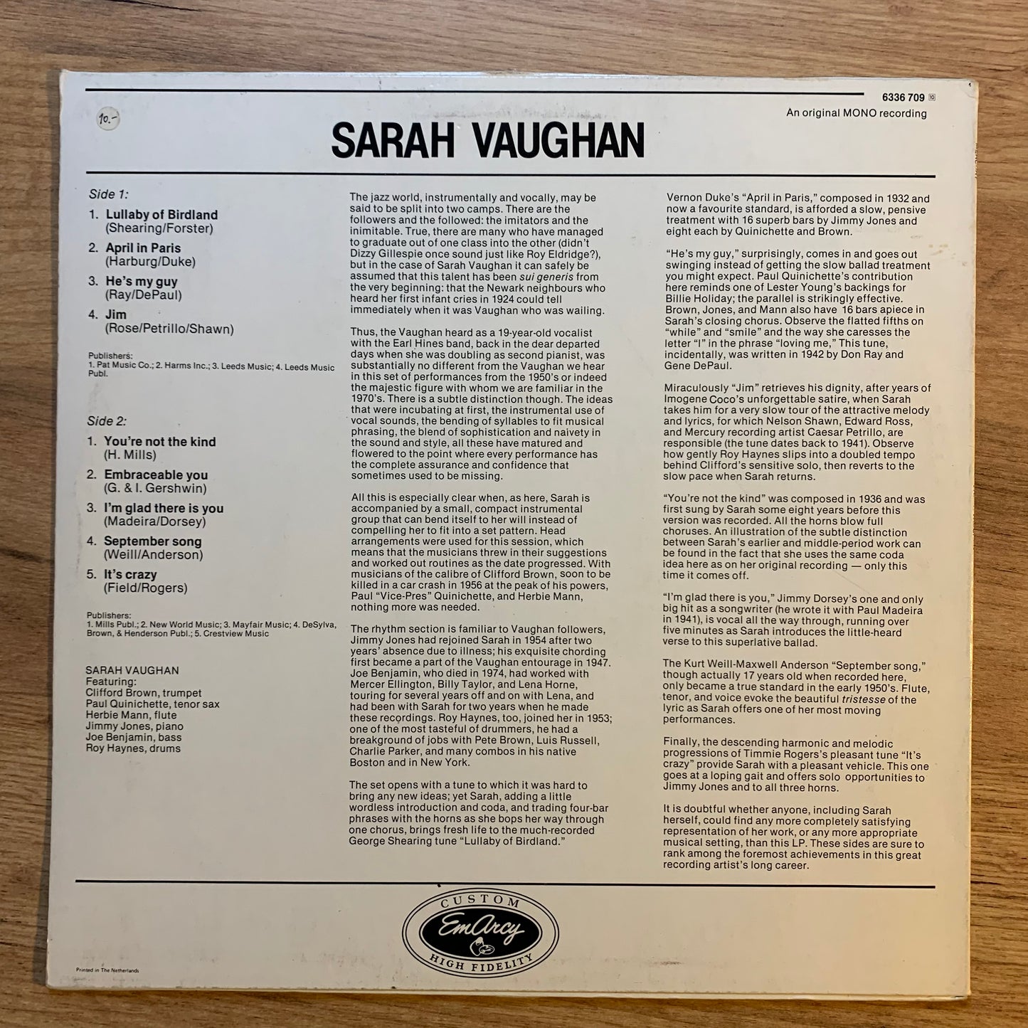 SARAH VAUGHAN - SARAH VAUGHAN...RE NL...VG+/VG+