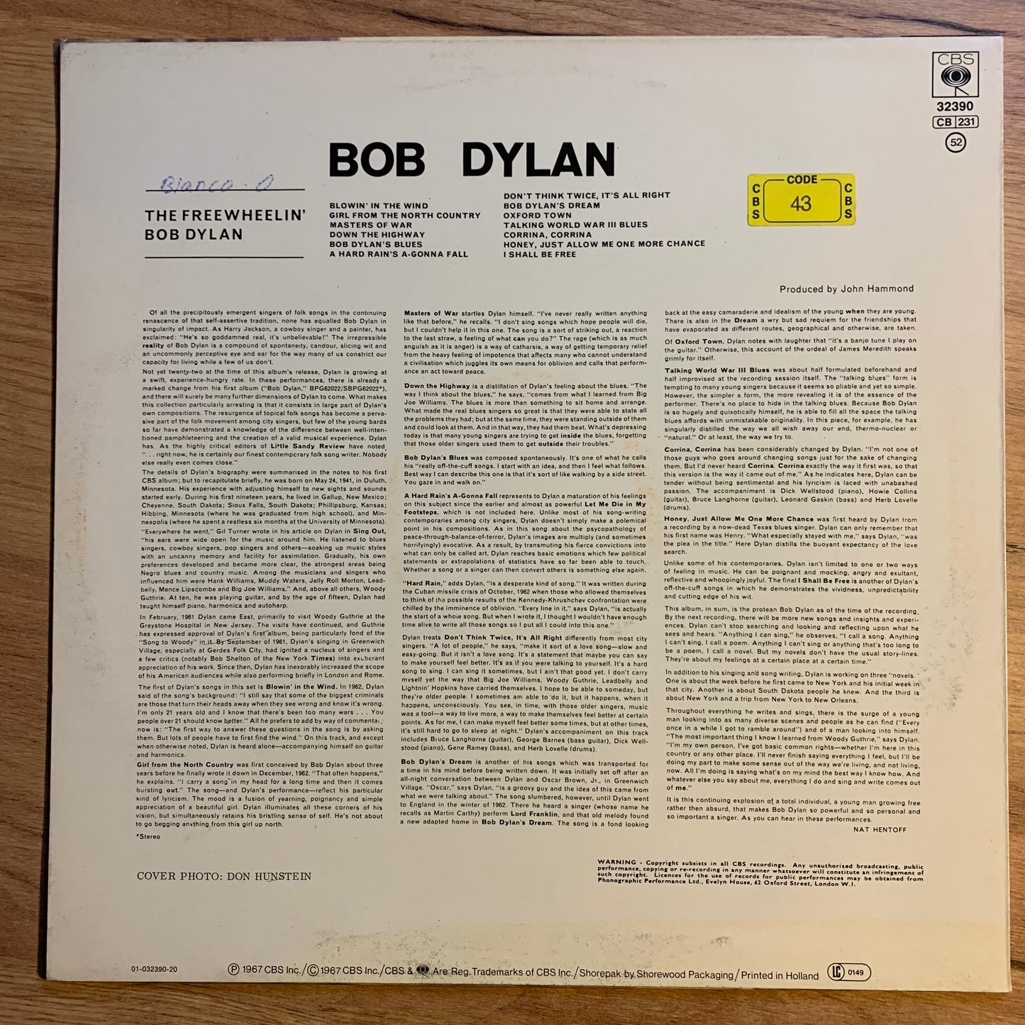 BOB DYLAN - THE FREEWHEELIN' BOB DYLAN...RE EU 1985...EX/EX