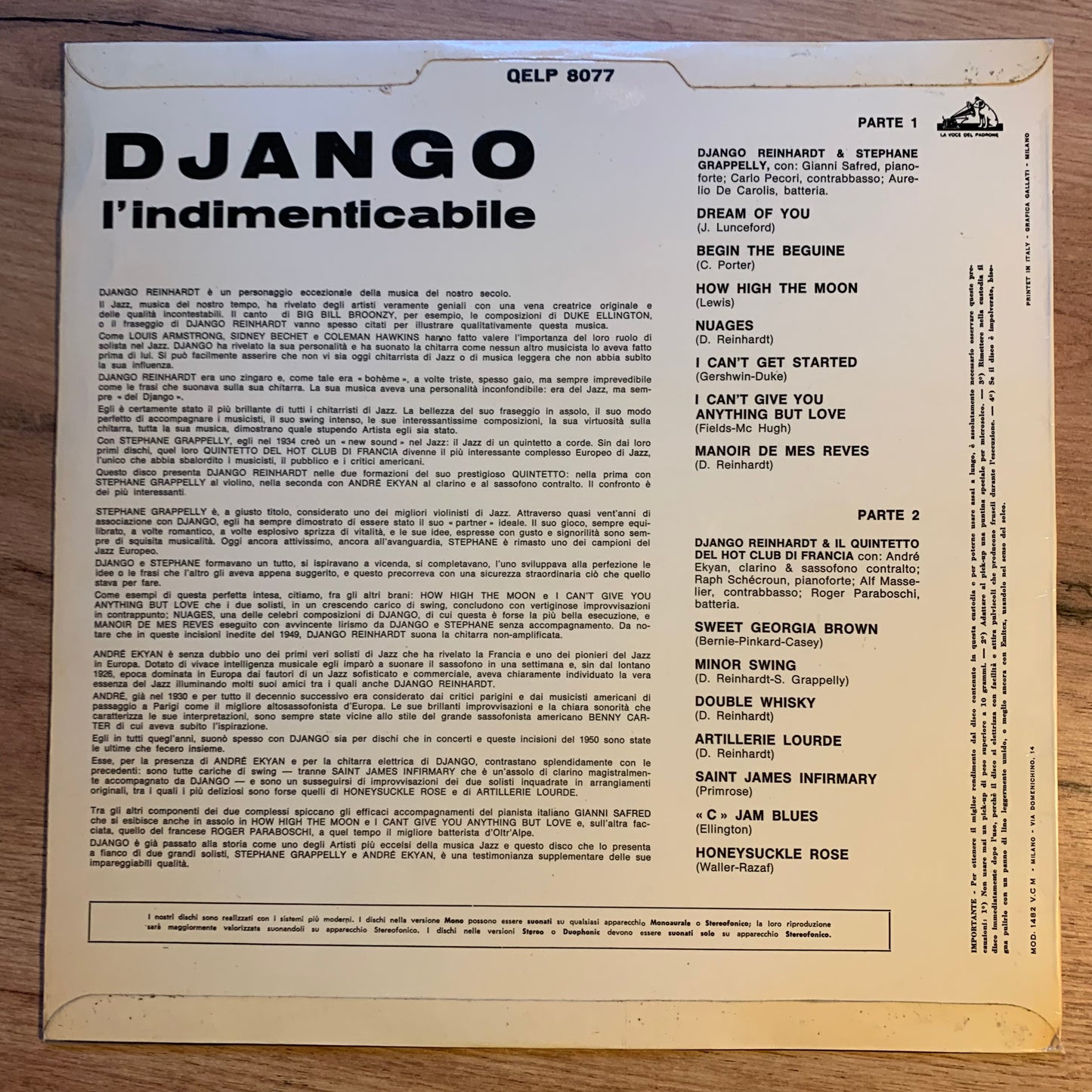 DJANGO REINHARDT - L'INDIMENTICABILE...COMPIL ITA 1963...VG+/VG+