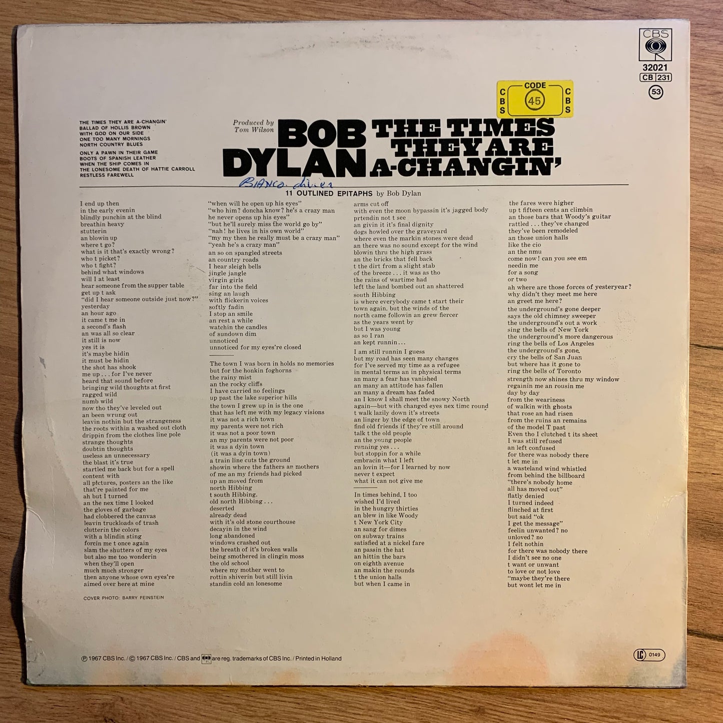 BOB DYLAN - THE TIMES THEY ARE A-CHANGIN'...RE EU...VG++/VG+