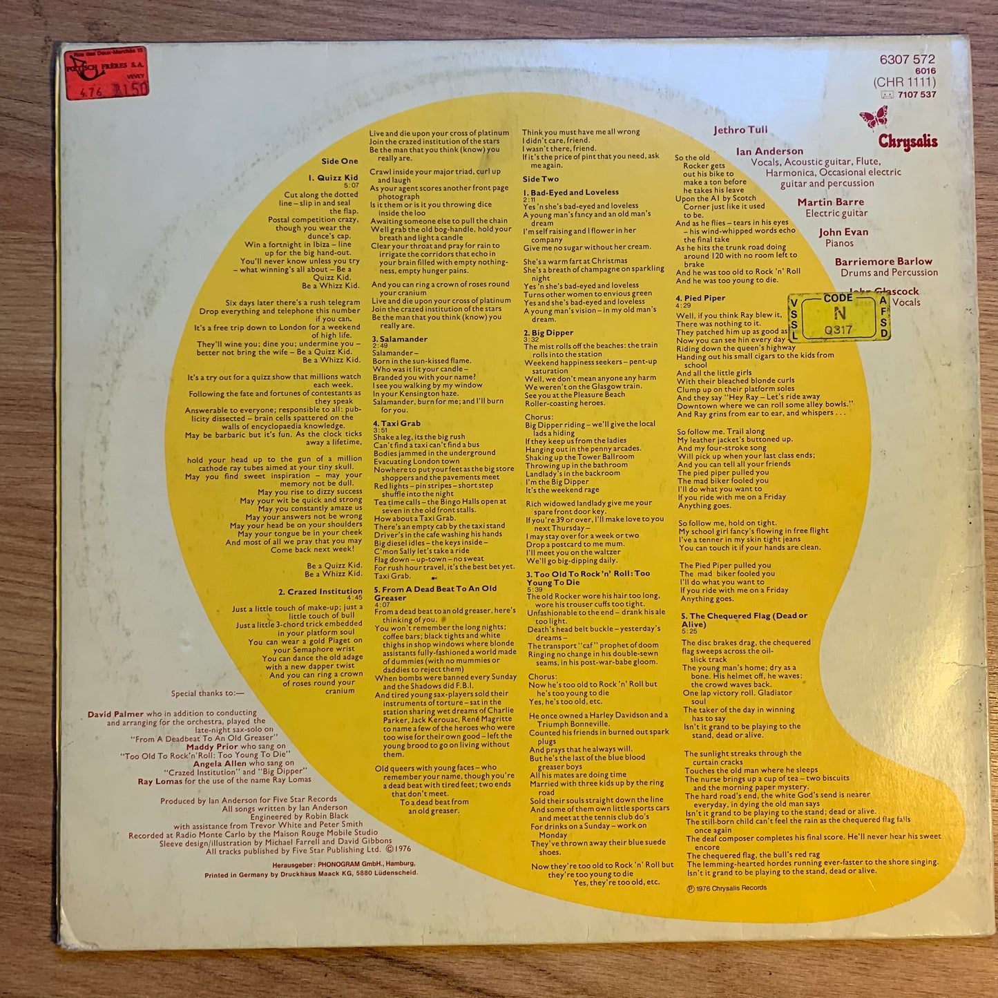JETHRO TULL - TOO OLD TO ROCK 'N' ROLL...OG GER 1976...VG+/VG+