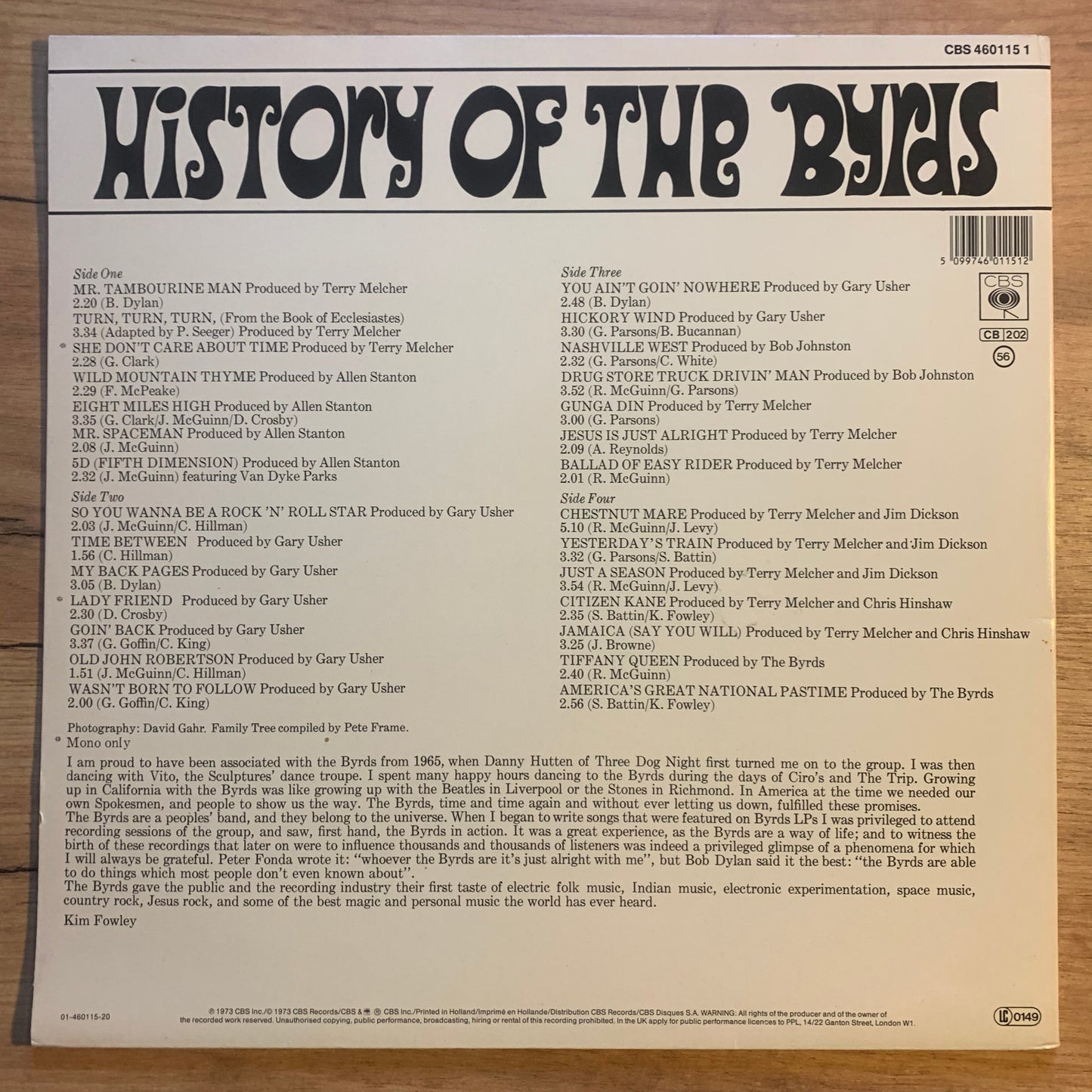 THE BYRDS - HISTORY OF THE BYRDS...COMPIL EU 1973...VG++/EX