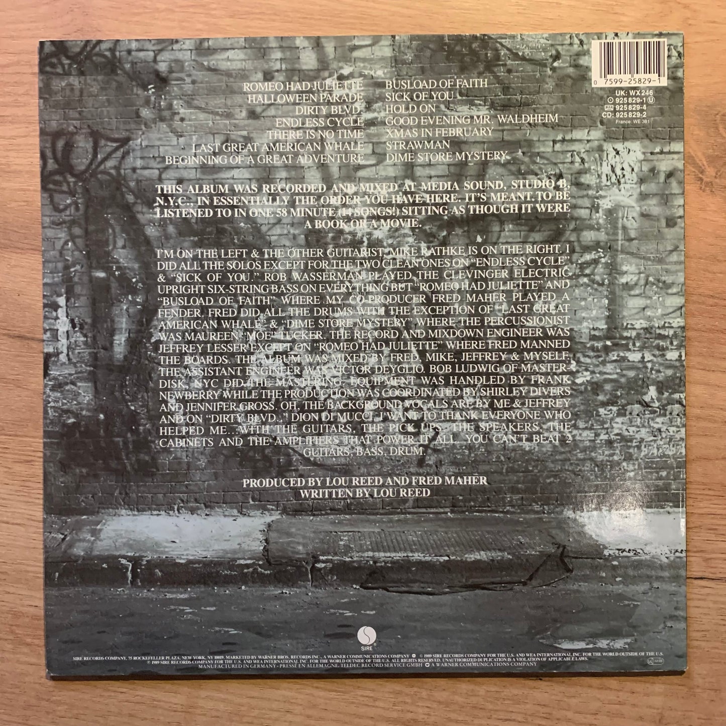 Lou Reed - New York - Pochette verso