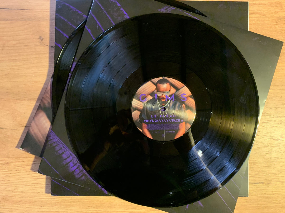 Vue d'ensemble – double LP gatefold ouvert avec 2 disques noirs, innerleeves noirs et gatefold violet